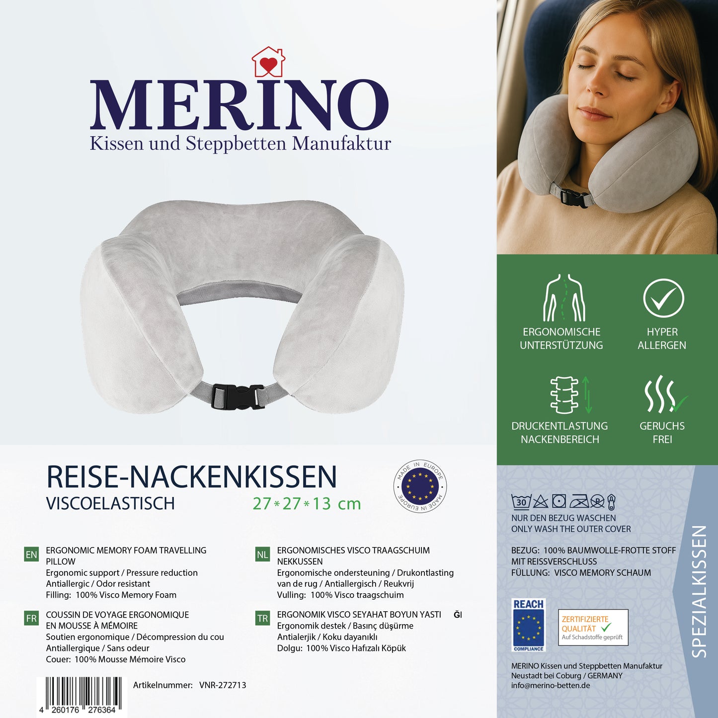 Visco Reisekissen Nackenkissen mit Memory-Foam, Baumwolle-Frottee-Bezug 27x27x13 cm