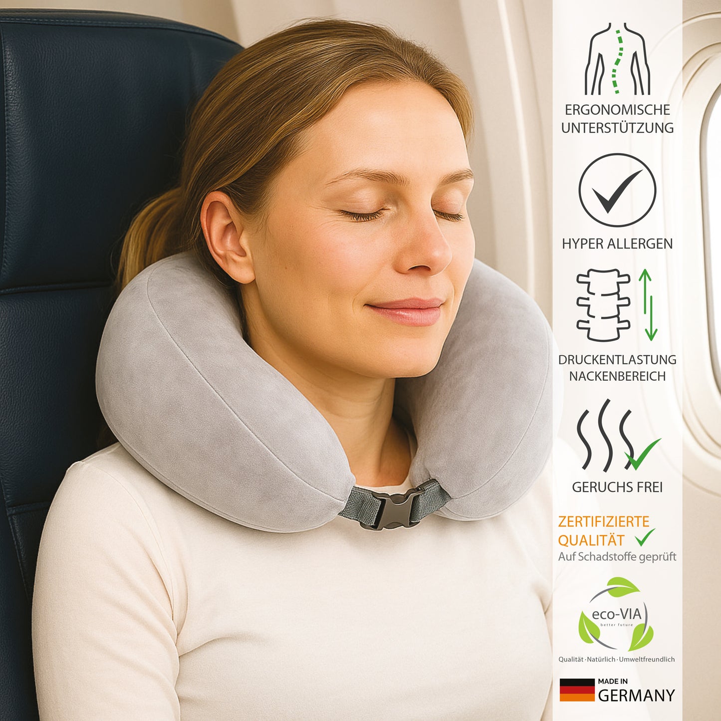 Visco Reisekissen Nackenkissen mit Memory-Foam, Baumwolle-Frottee-Bezug 27x27x13 cm