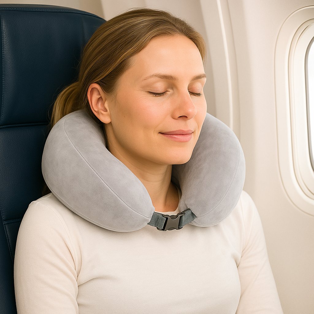 Visco Reisekissen Nackenkissen mit Memory-Foam, Baumwolle-Frottee-Bezug 27x27x13 cm