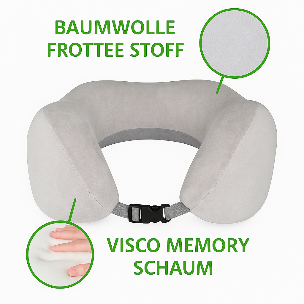 Visco Reisekissen Nackenkissen mit Memory-Foam, Baumwolle-Frottee-Bezug 27x27x13 cm